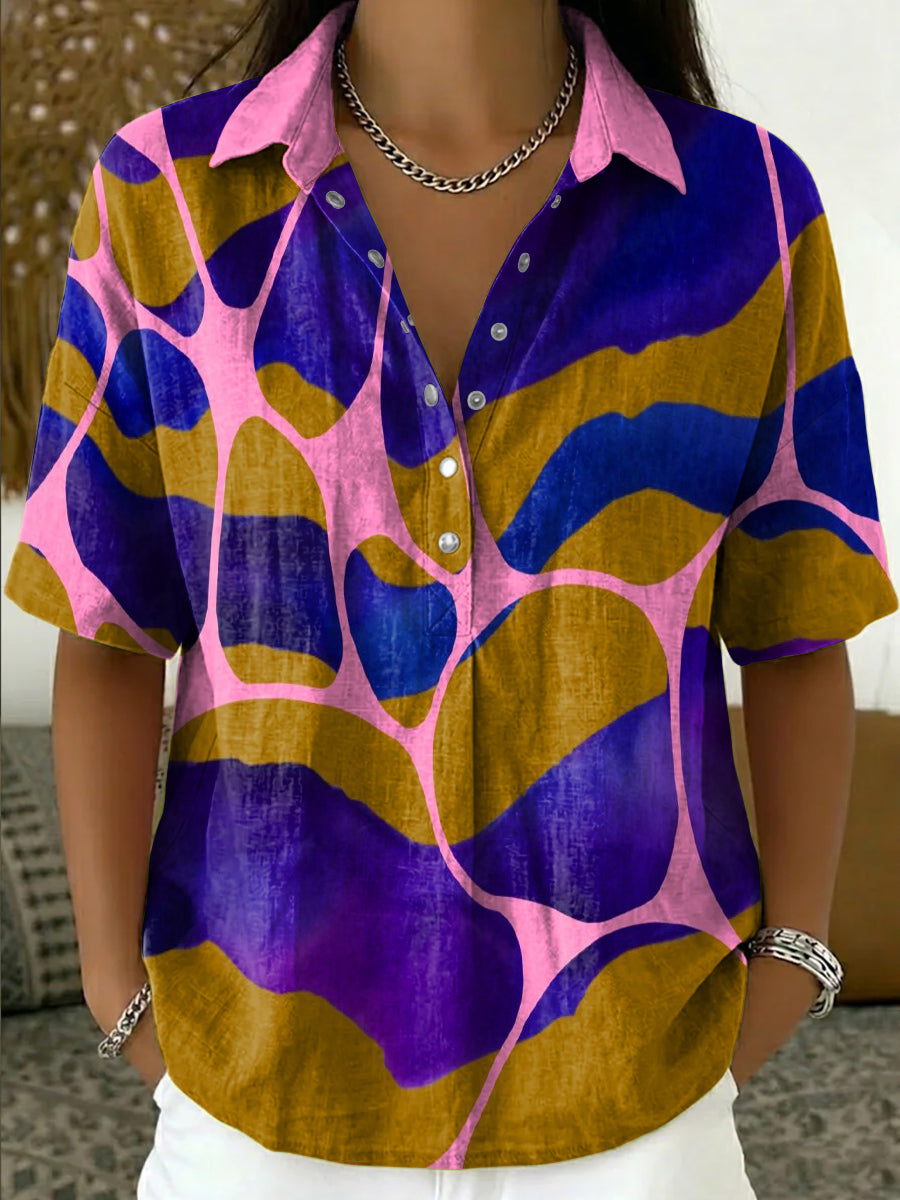 Women's Retro Color-block Artistic Print Cotton-linen Short-sleeve Shirt