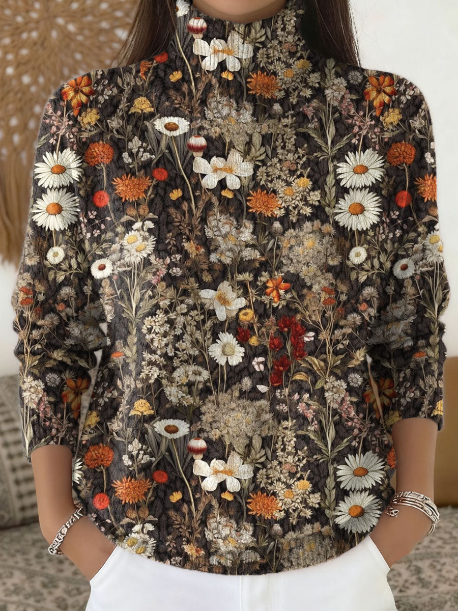 Women's Floral Pattern Art Print Knit Turtleneck Pullover Sweater