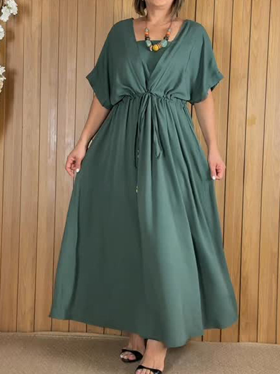 Women's V-Neck Cotton And Linen Dress