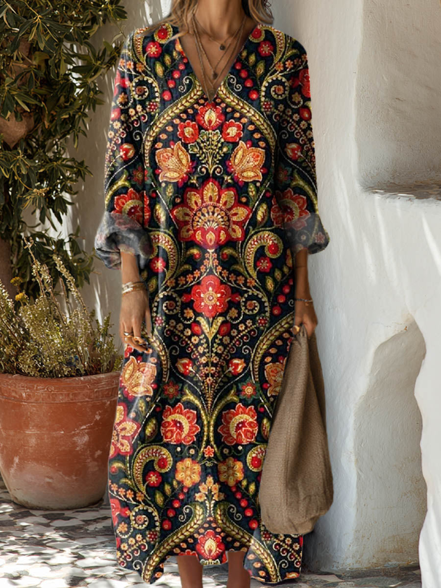 Women's Vintage Floral Pattern Art Print Cotton Dress