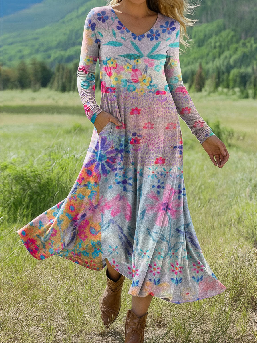 Women's Boho Floral Print Art Print Long-sleeved Dress