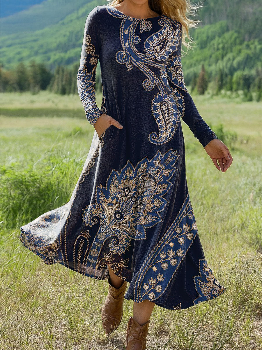 Women's Vintage Cashew Flower Art Print Long-sleeved Dress