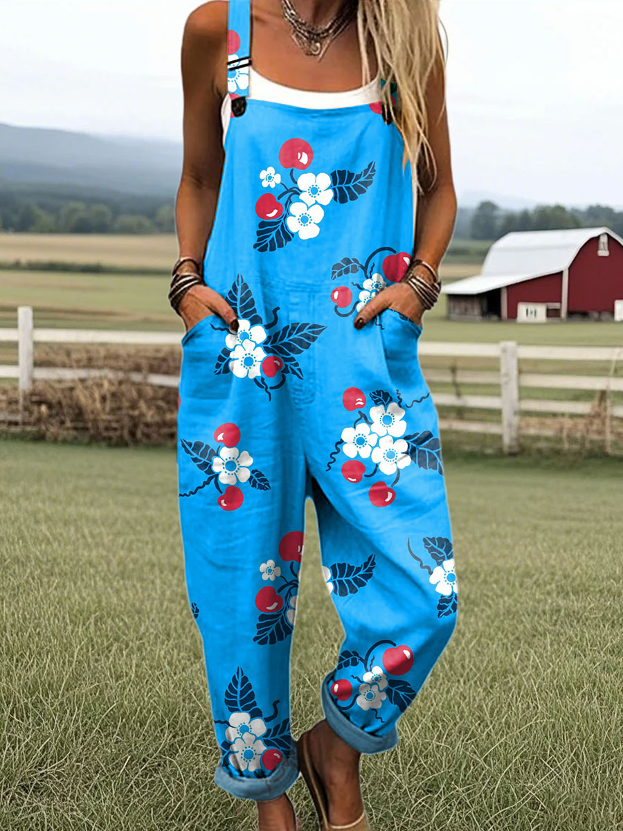 Women's Vintage Floral Art Print Casual 100% Cotton Wide Leg Jumpsuit