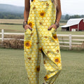 Women's Lovely Floral Bees Pattern Art Print Casual 100% Cotton Wide Leg Jumpsuit