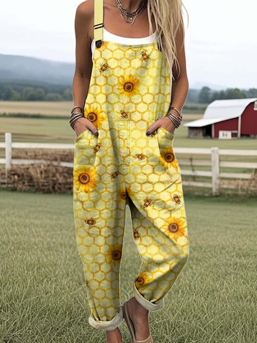 Women's Lovely Floral Bees Pattern Art Print Casual 100% Cotton Wide Leg Jumpsuit