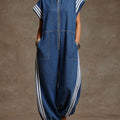 Women's Stand-collar Short-sleeved Casual Loose Denim Wide-leg Jumpsuit