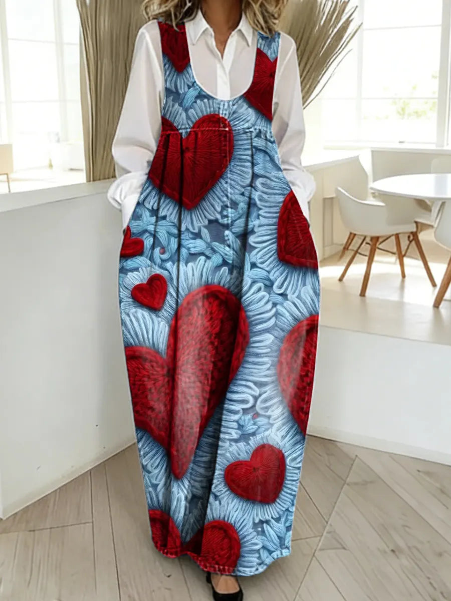 Women's Valentine's Day Heart Pattern Art Print Casual Cotton Denim Dress