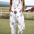 Women's Vintage Farm Animal Chicken Art Print Casual 100% Cotton Wide Leg Jumpsuit