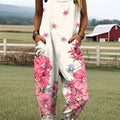 Damen-Jumpsuit mit Vintage-Blumenmuster, lässig, aus 100 % Baumwolle, weites Bein 