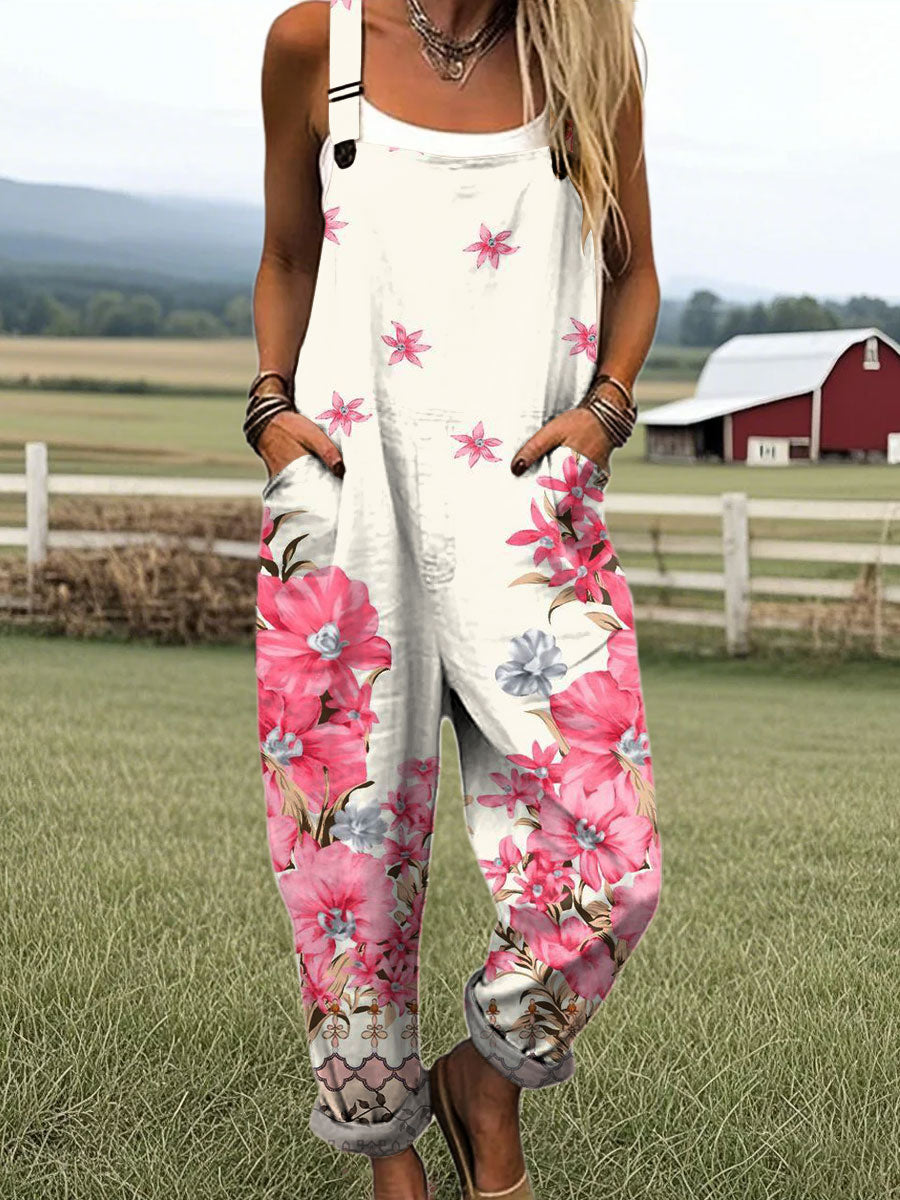 Women's Vintage Floral Art Print Casual 100% Cotton Wide Leg Jumpsuit
