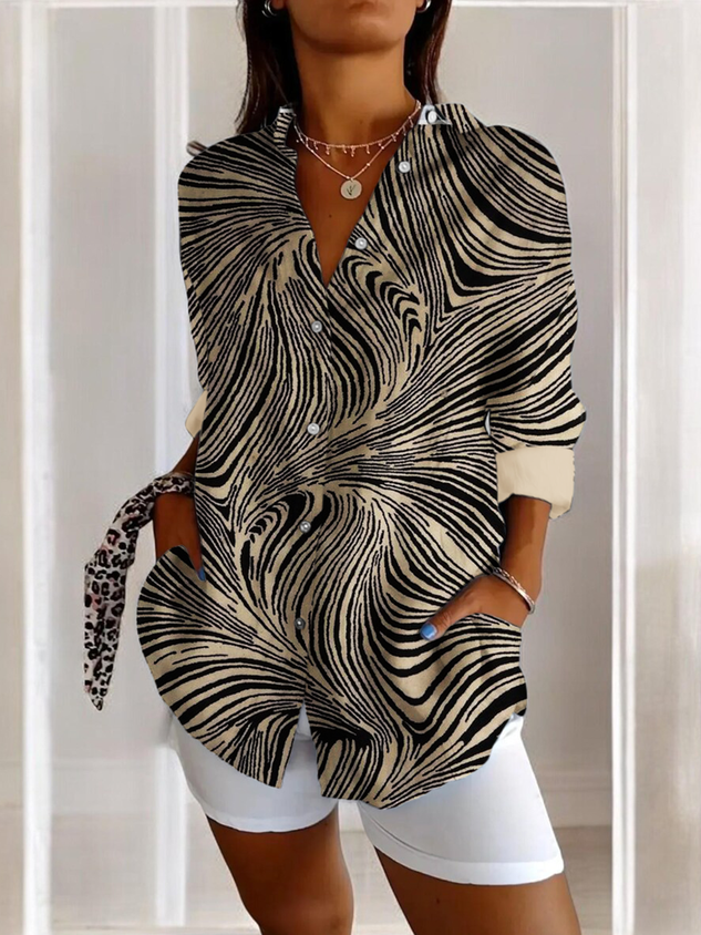 V Neck Long Sleeve Abstract Stripes Regular Micro-Elasticity Regular Fit Shirt For Women