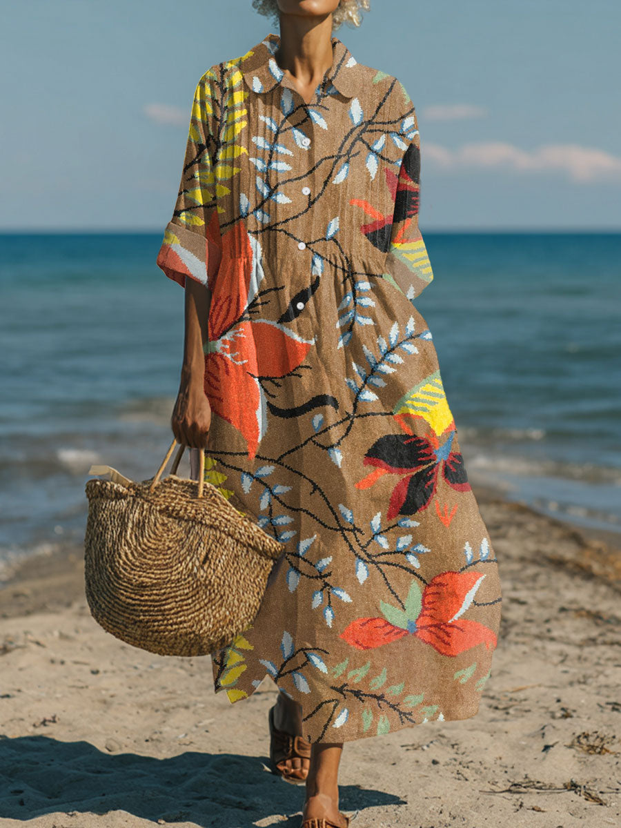 Women's Vintage Flower Art Print Pleated Casual Dress