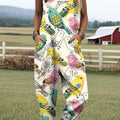 Women's Colorful Cute Bird Painting Art Print Casual 100% Cotton Wide Leg Jumpsuit