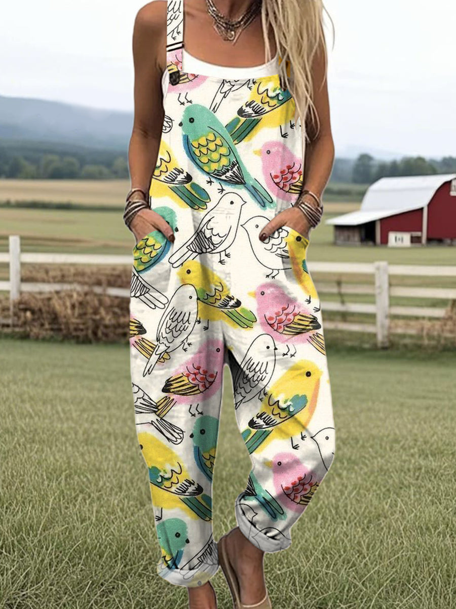 Women's Colorful Cute Bird Painting Art Print Casual 100% Cotton Wide Leg Jumpsuit
