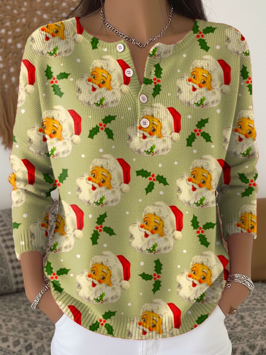 Women's Christmas Santa Art Print Buttoned Cardigan Sweater