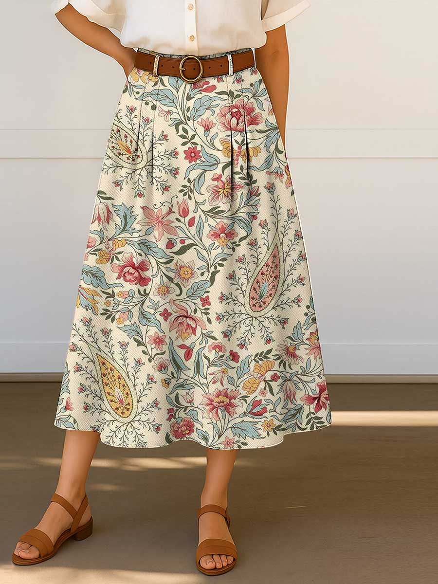 Women's Retro Floral Print High Waist Casual A-Line Skirt
