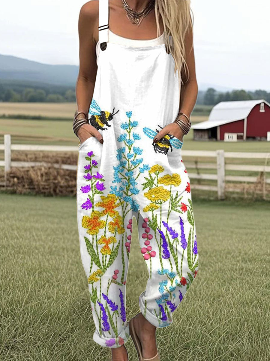 Women's  Bee  Floral  Art Print Casual 100% Cotton Wide Leg Jumpsuit