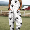 Women's Cute Sheep Art Print Casual 100% Cotton Wide Leg Jumpsuit