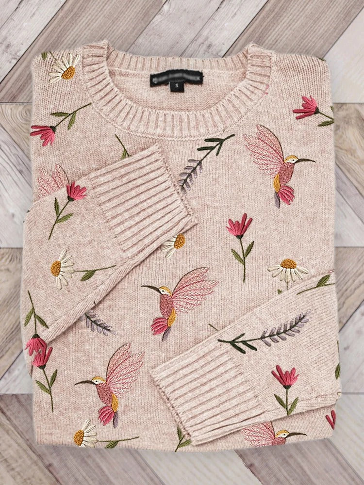 Vintage Bird Flower Art Print Knit Pullover Sweater