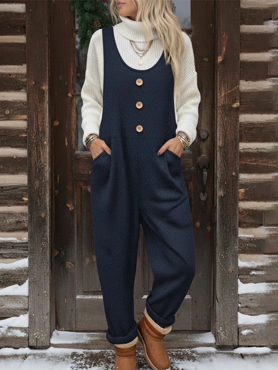 Autumn and winter women's casual loose button woolen jumpsuit