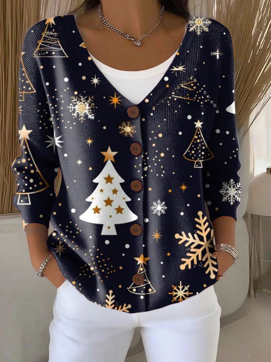 Christmas Tree Print Buttoned V-neck Cardigan Sweater