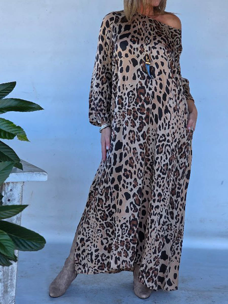 Women's Leopard Print Round Neck Long Sleeve Casual Cotton Dress
