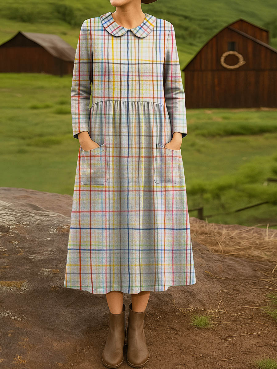 Women's Vintage Plaid Pattern Art Print Cotton Lapel Shirt Dress