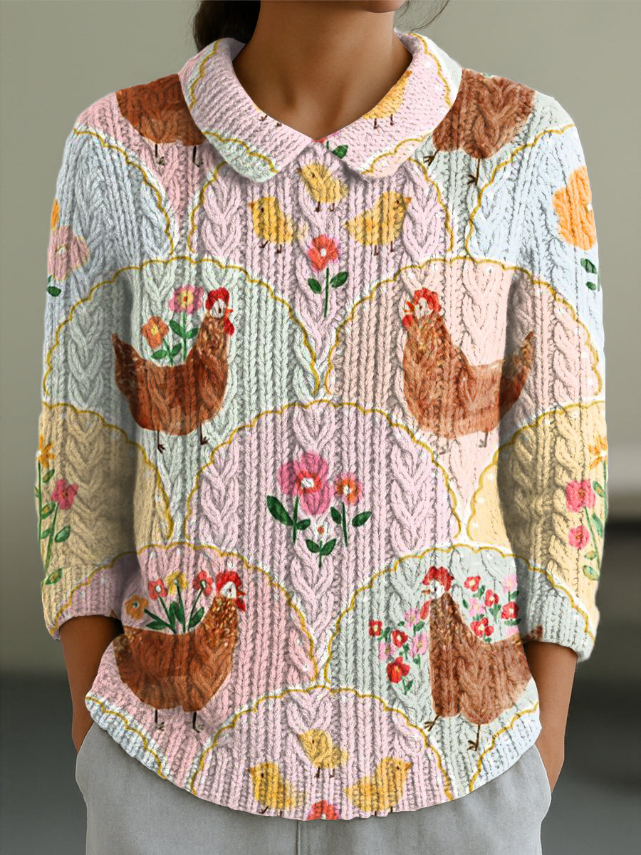 womens-cute-floral-chick-art-print-casual-peter-pan-collar-3-4-sleeve-sweater