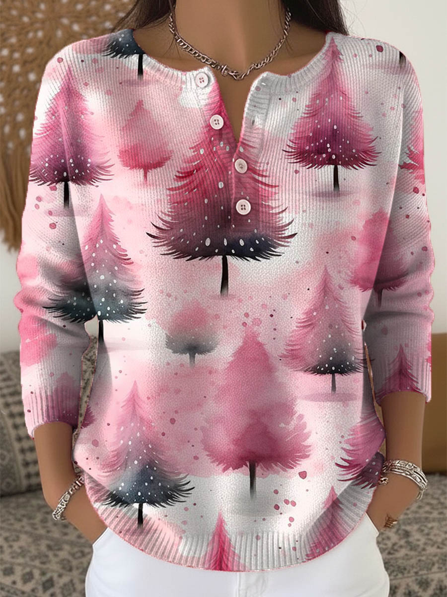 Women's Christmas Tree Art Print Buttoned Cardigan Sweater
