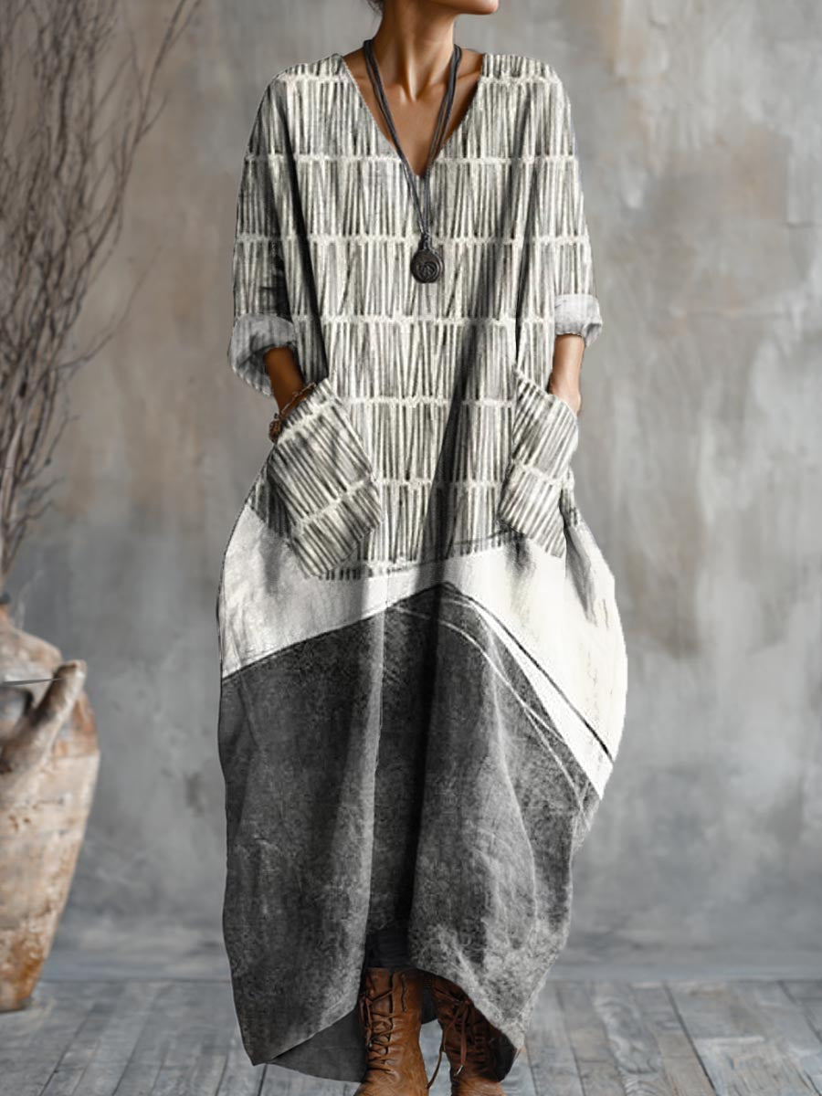 Women's Abstract Geometric Pattern Art Print Pocket V-neck Cotton Dress