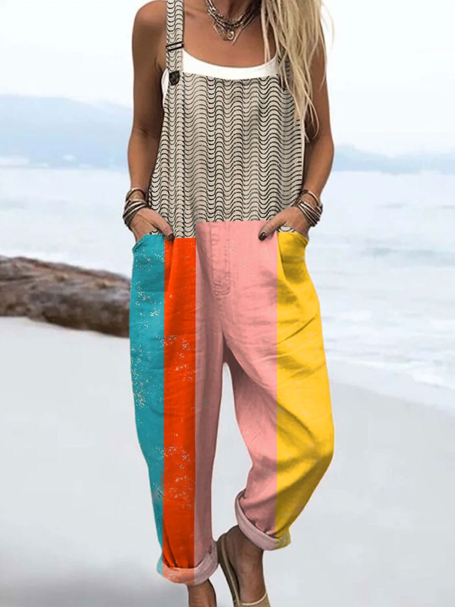 Women's  Vintage Abstract Geometric Art Print Casual 100% Cotton Wide Leg Jumpsuit