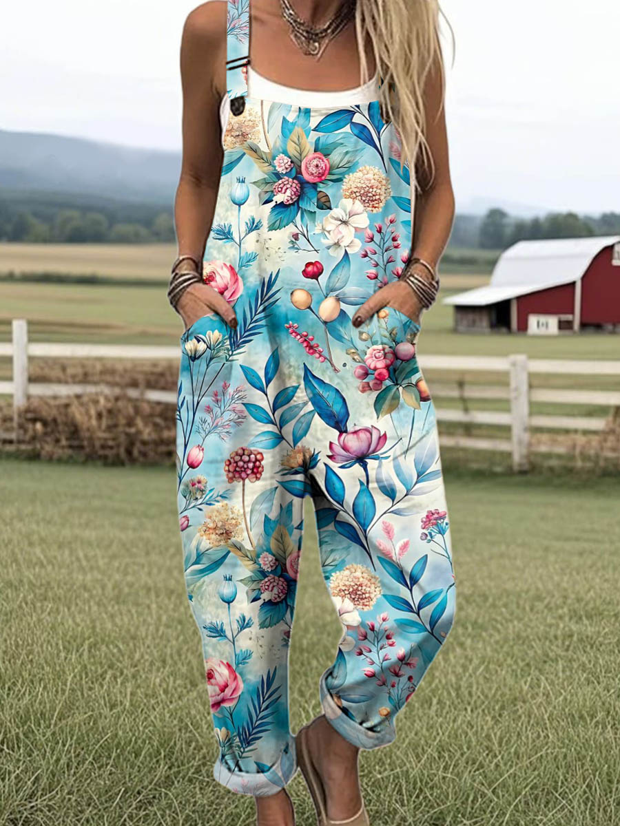 Women's Vintage Floral Art Print Casual 100% Cotton Wide Leg Jumpsuit