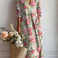 Women's Vintage Floral Art Print Causal Cotton Linen Pocket Dress
