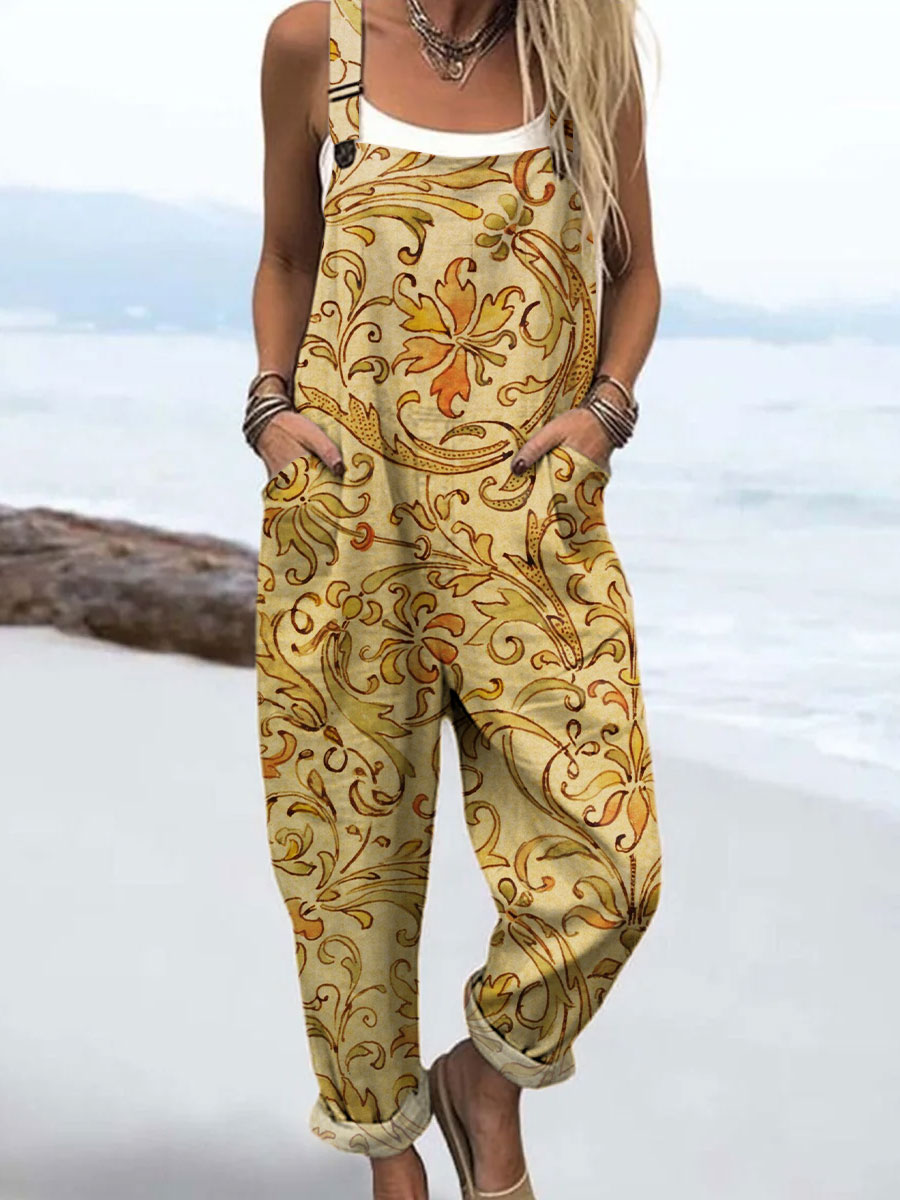 Women's Vintage Floral Art Print Casual 100% Cotton Wide Leg Jumpsuit