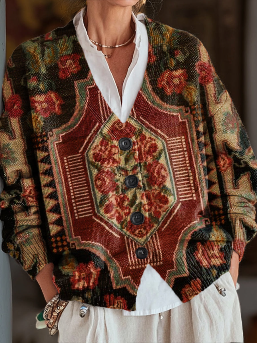 vintage-ethnic-rhombus-geometric-floral-painting-art-print-buttoned-v-neck-cardigan-sweater