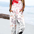 Women's Vintage Abstract Funny Animal Rabbit Art Print Casual 100% Cotton Wide Leg Jumpsuit