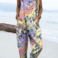 Women's Colorful Abstract Texture Art Print Casual 100% Cotton Wide Leg Jumpsuit