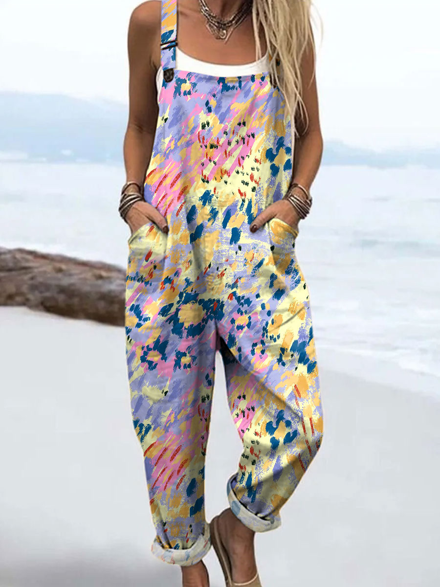 Women's Colorful Abstract Texture Art Print Casual 100% Cotton Wide Leg Jumpsuit