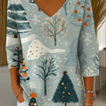 Women's Christmas Print V-Neck Three-Quarter Sleeve Casual Sweater