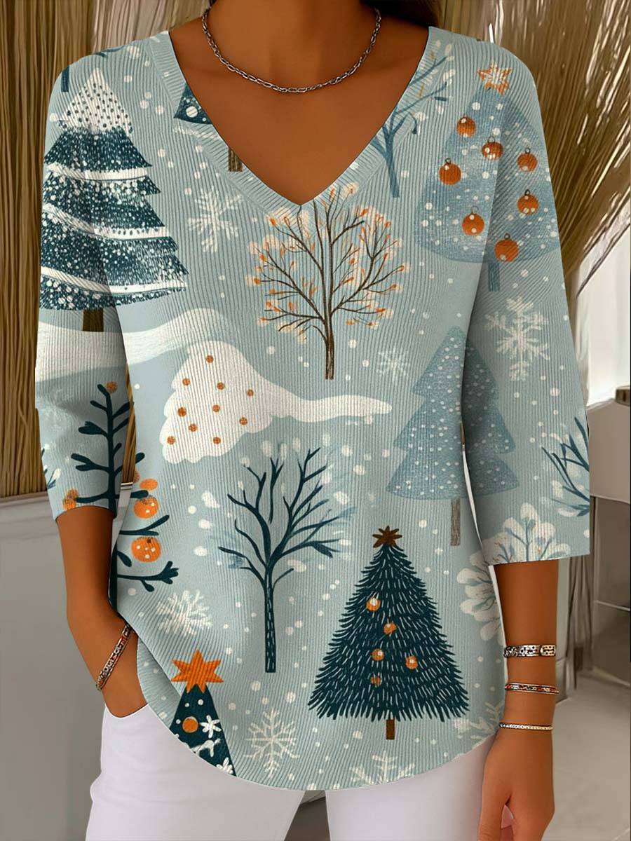 Women's Christmas Print V-Neck Three-Quarter Sleeve Casual Sweater