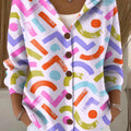 Women's Multi-Color Mixed Irregular Strips Printed Casual Hooded Button Sweater