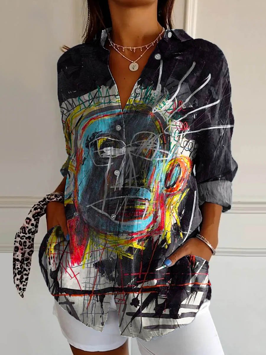 Women's Vintage Abstract Figure Pattern Art Print Casual Cotton Shirt