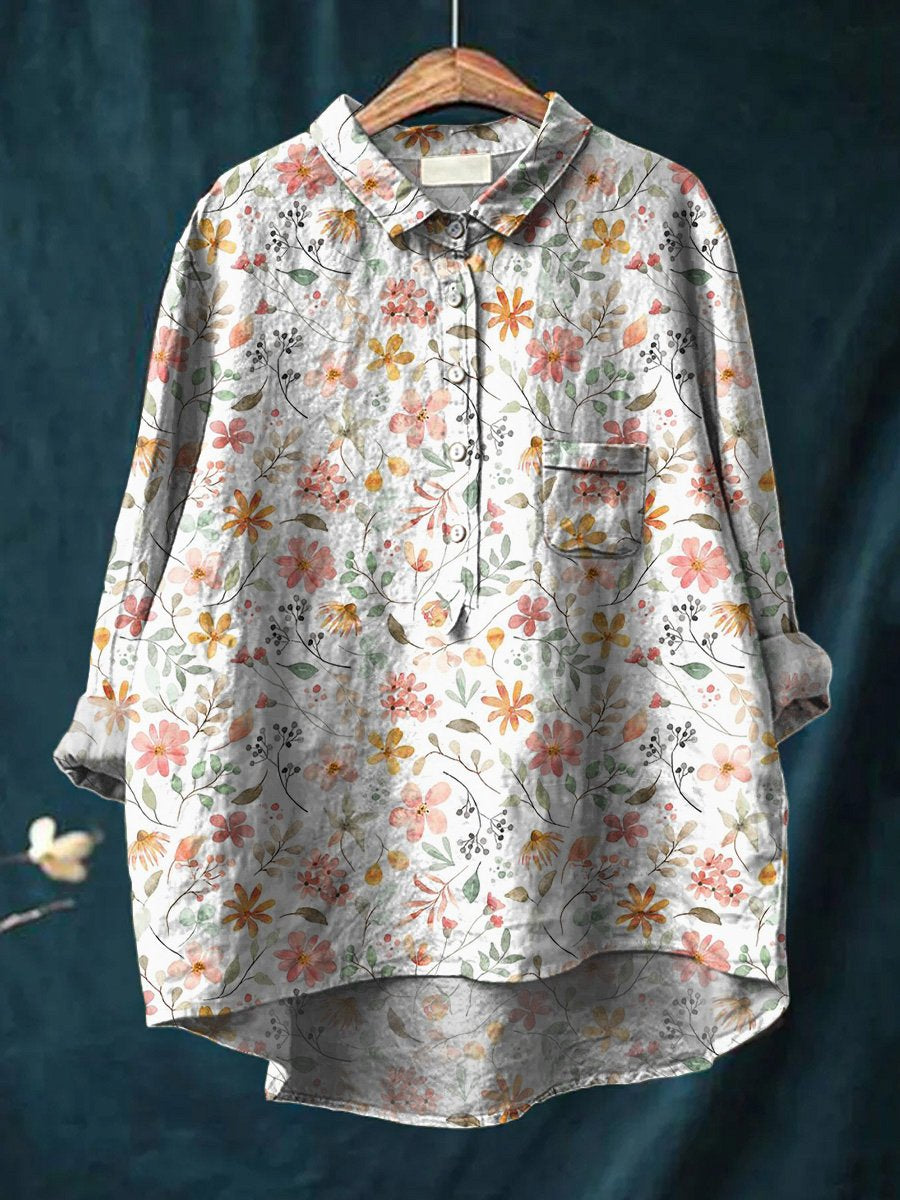 Sweet Watercolor Floral Repeat Pattern Printed Women's Casual Cotton And Linen Shirt