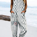 Women's Vintage Abstract Fish Art Print Casual 100% Cotton Wide Leg Jumpsuit