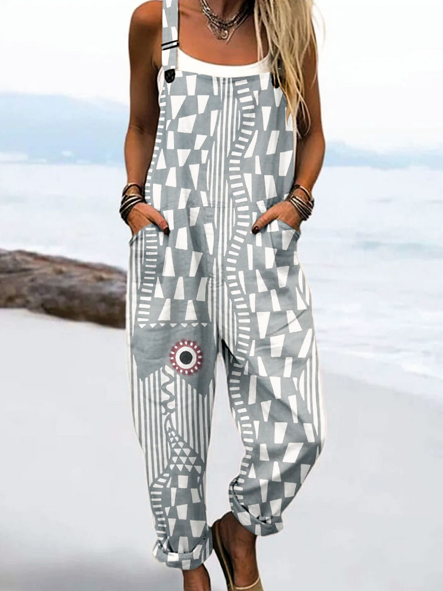 Women's Vintage Abstract Fish Art Print Casual 100% Cotton Wide Leg Jumpsuit