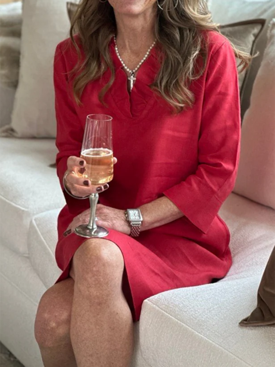 Women's Solid Color Lace V-neck Linen Dress