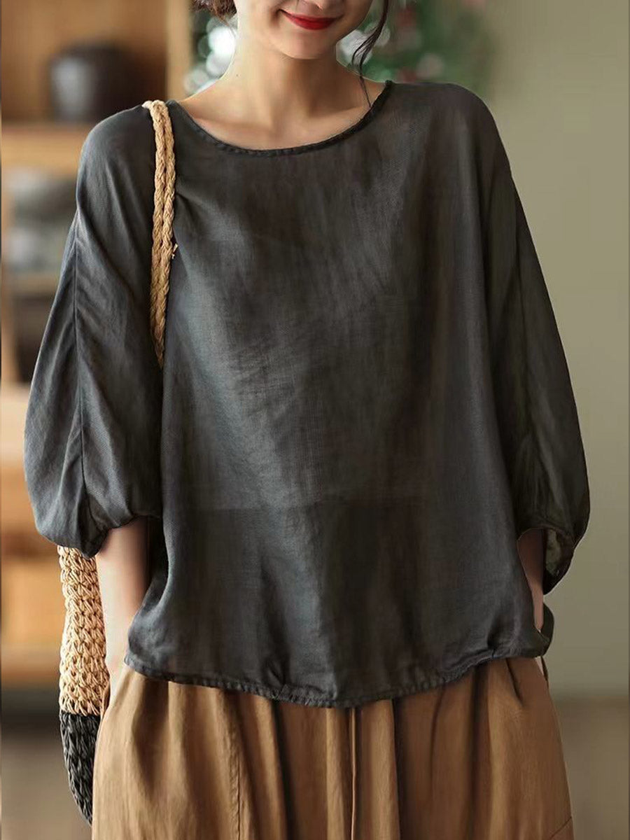 Women's Solid Color Round Neck 3/4 Sleeves Casual Loose Pullover Cotton and Linen Tops