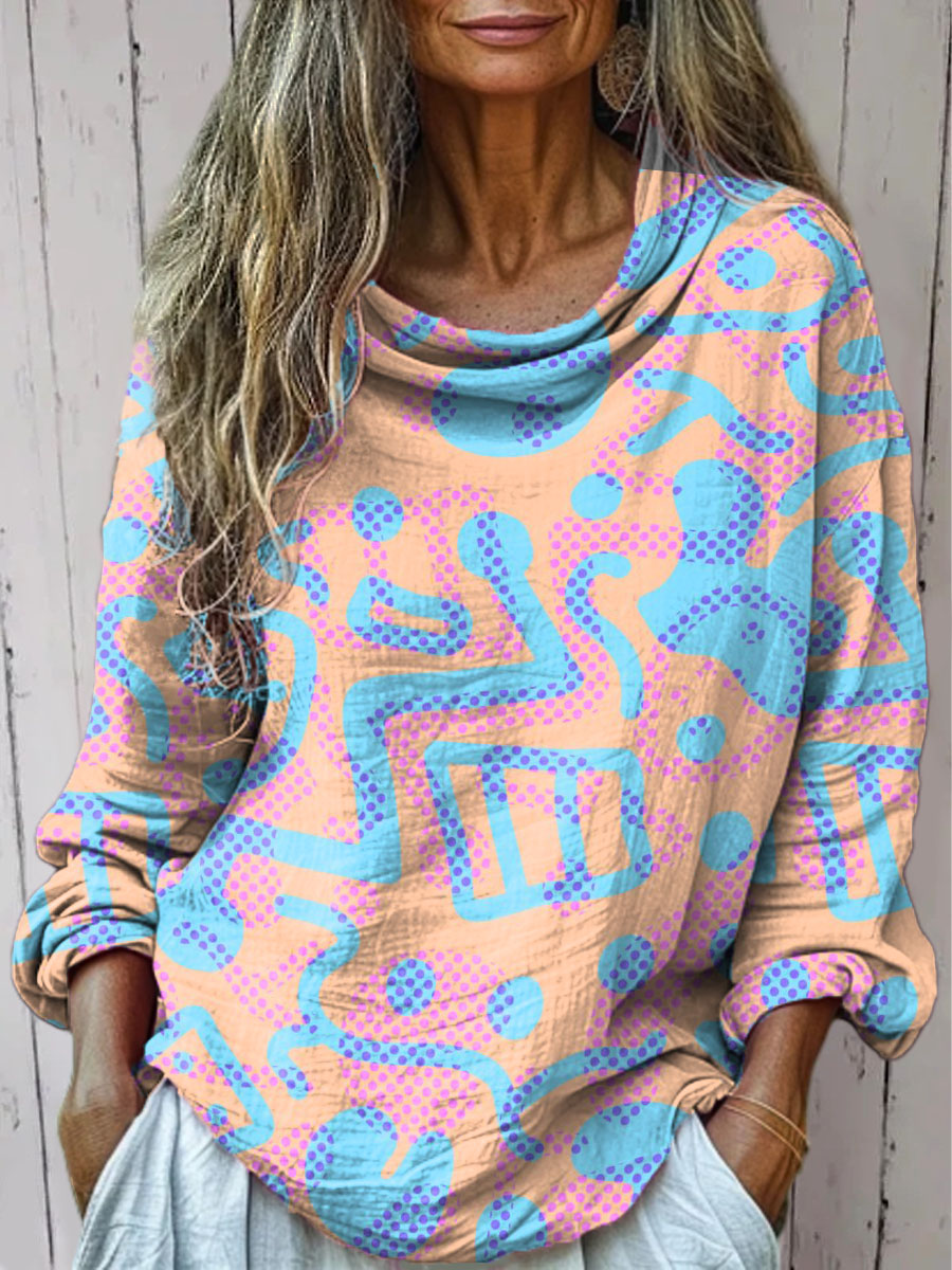 Women's Irregular Polka Dot Line Segments Print Casual Long Sleeve Comfortable Cotton Shirt