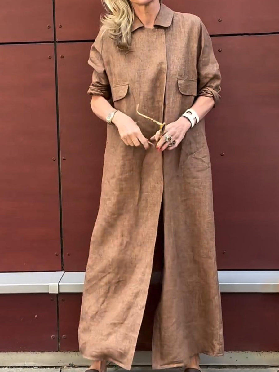 Women's Elegant Lapel Solid Color Cotton and Linen Dress