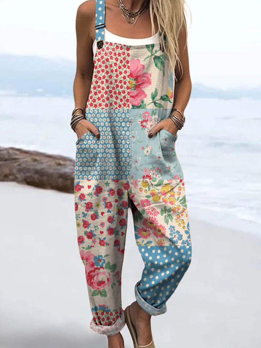 Women's Vintage Floral Patchwork Print Casual 100% Cotton Wide Leg Jumpsuit